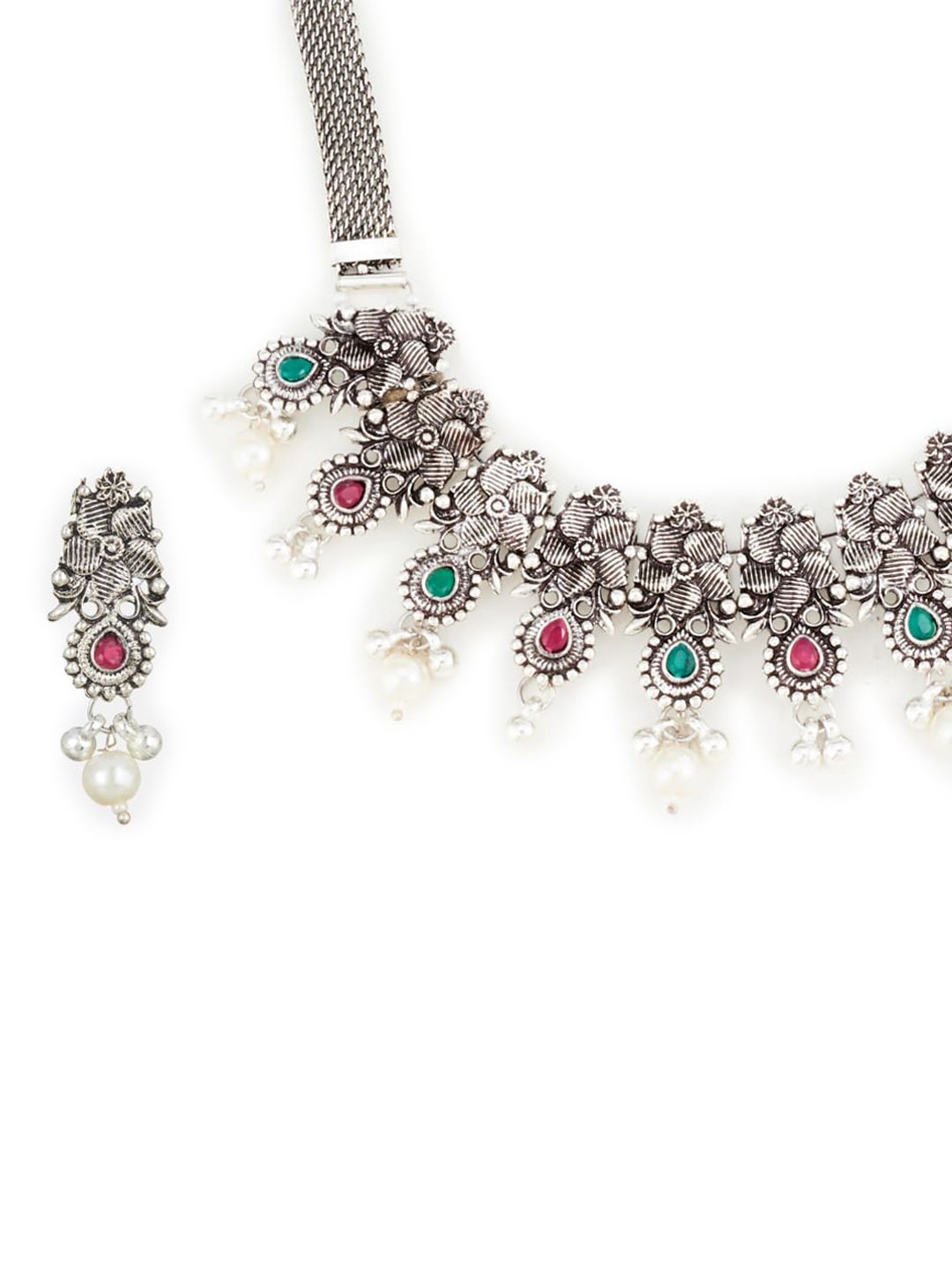 ATIBELLE Oxidised Silver-Plated Green & Pink Stone Studded Floral Jewellery Set