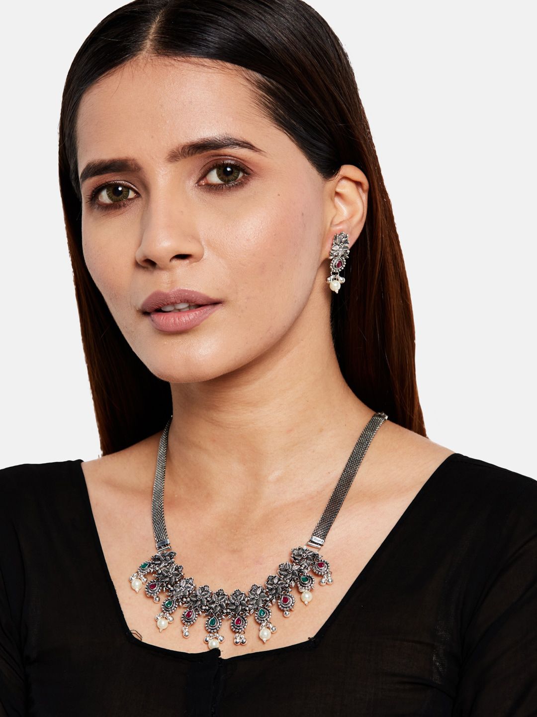 ATIBELLE Oxidised Silver-Plated Green & Pink Stone Studded Floral Jewellery Set