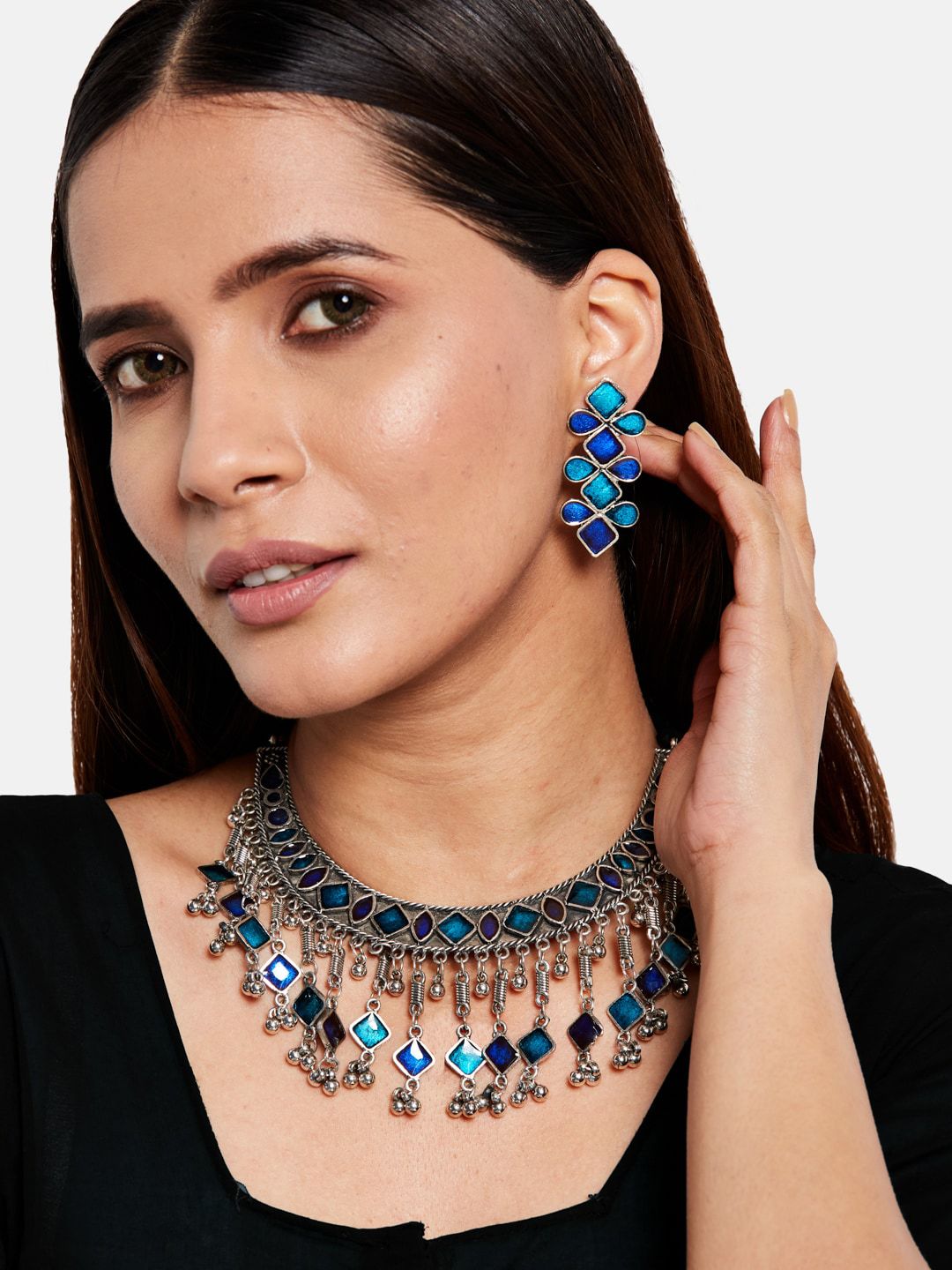 ATIBELLE Silver-Plated Blue Stone-Studded Ghungroo Jewellery Set
