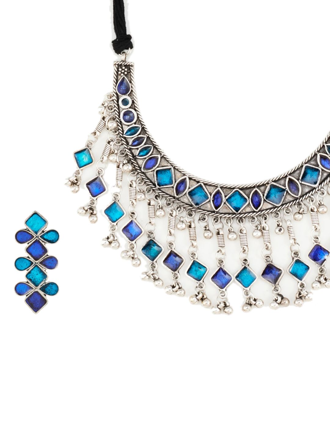 ATIBELLE Silver-Plated Blue Stone-Studded Ghungroo Jewellery Set