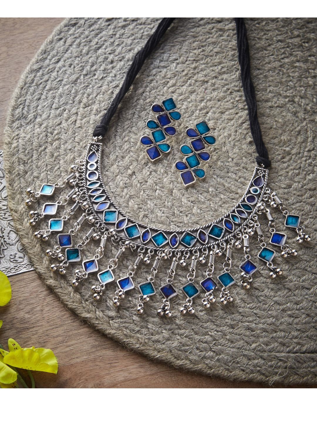 ATIBELLE Silver-Plated Blue Stone-Studded Ghungroo Jewellery Set