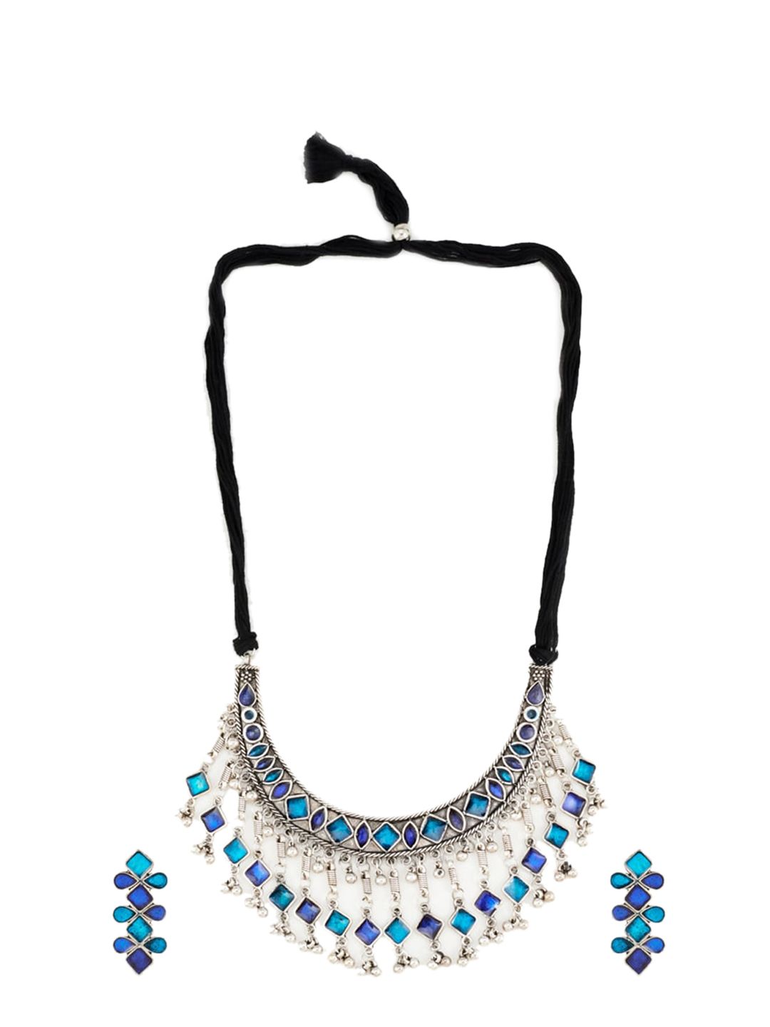 ATIBELLE Silver-Plated Blue Stone-Studded Ghungroo Jewellery Set