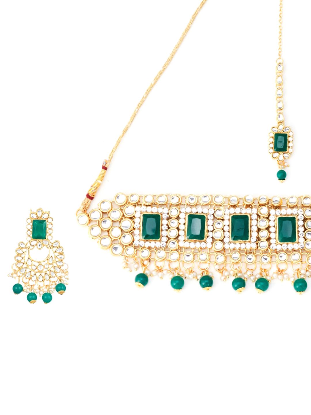ATIBELLE Gold-Plated Green Kundan-Studded Jewellery Set