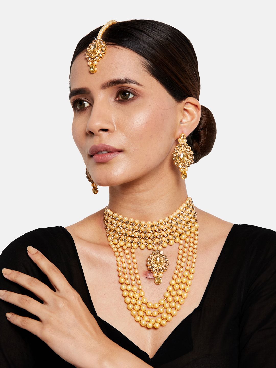 ATIBELLE Beige & Gold-Plated Stone-Studded Beaded Jewellery Set