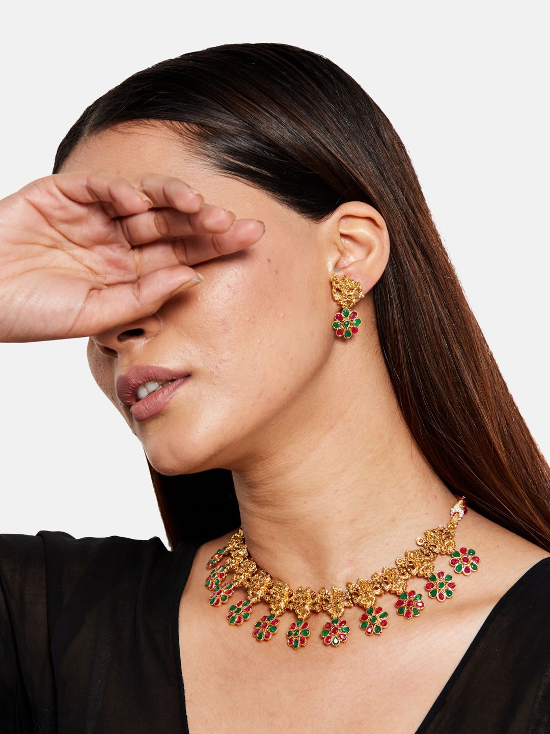 ATIBELLE Woman Gold-Plated Maroon & Green Stone Studded Jewellery Set