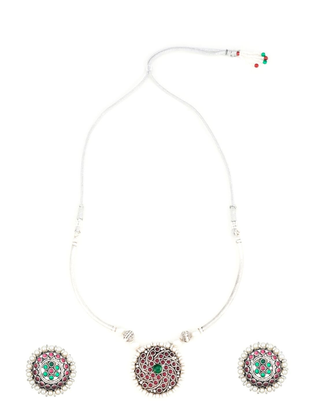 ATIBELLE Silver-Plated Oxidized Stone-Studded Jewellery Set