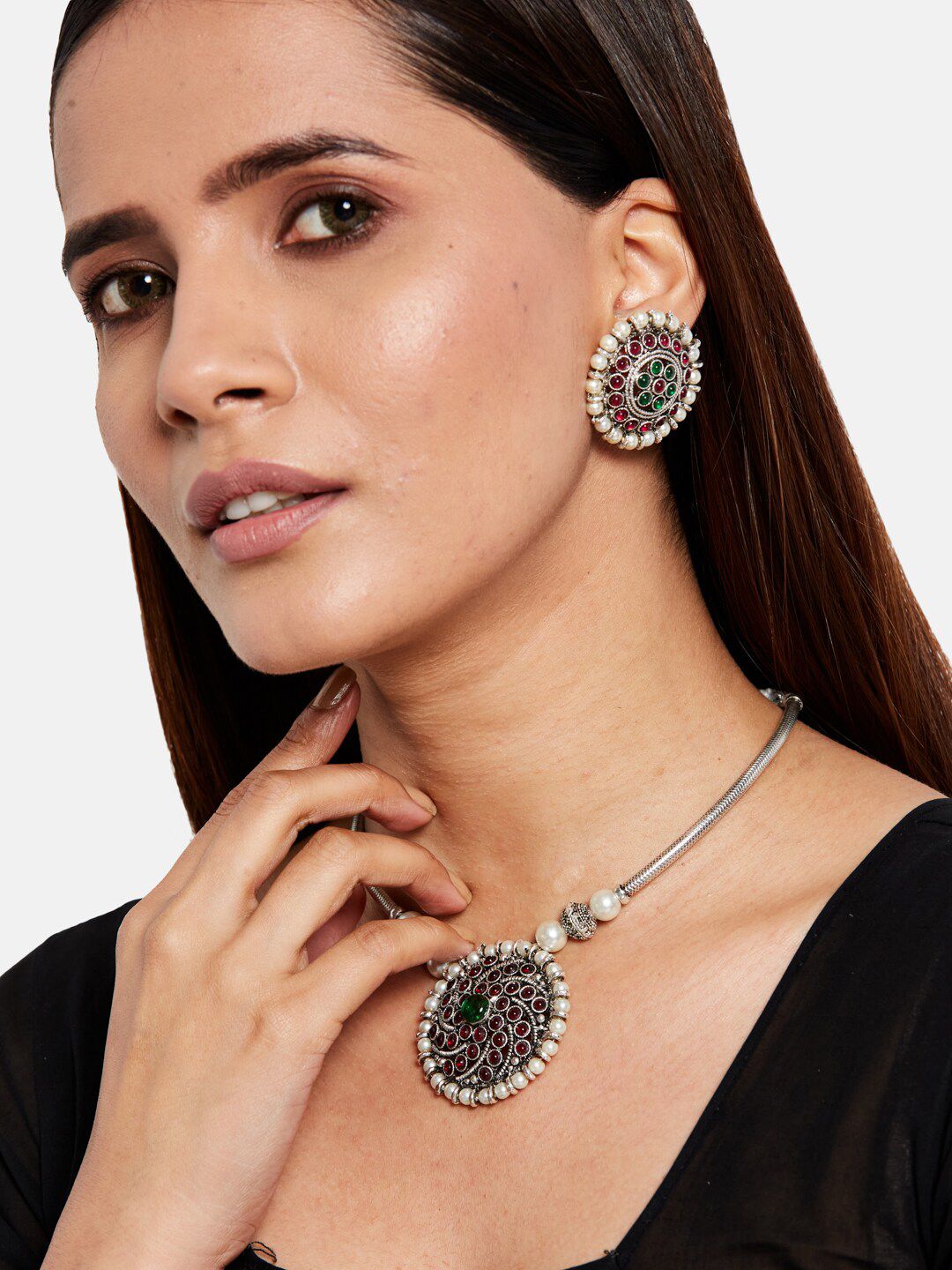 ATIBELLE Silver-Plated Oxidized Stone-Studded Jewellery Set