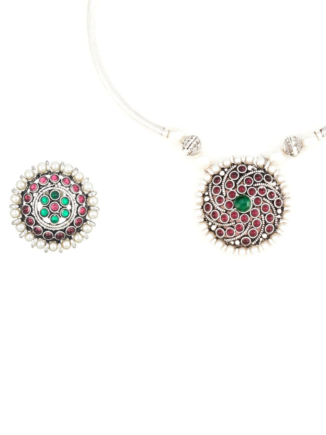 ATIBELLE Silver-Plated Oxidized Stone-Studded Jewellery Set