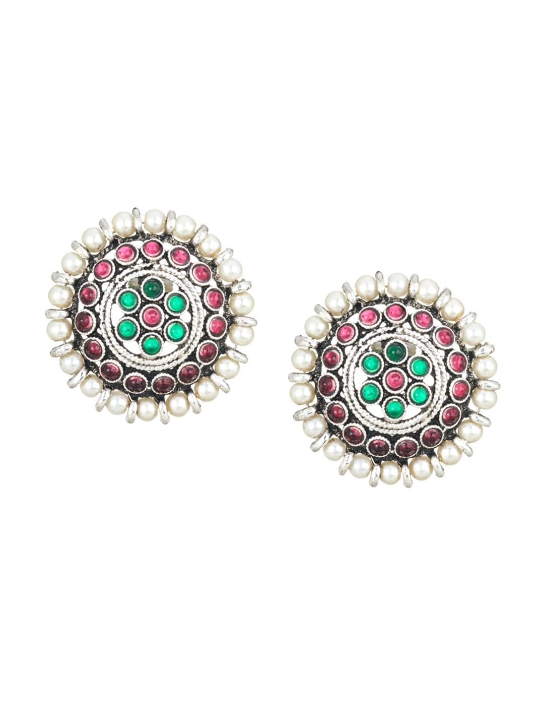 ATIBELLE Silver-Plated Oxidized Stone-Studded Jewellery Set