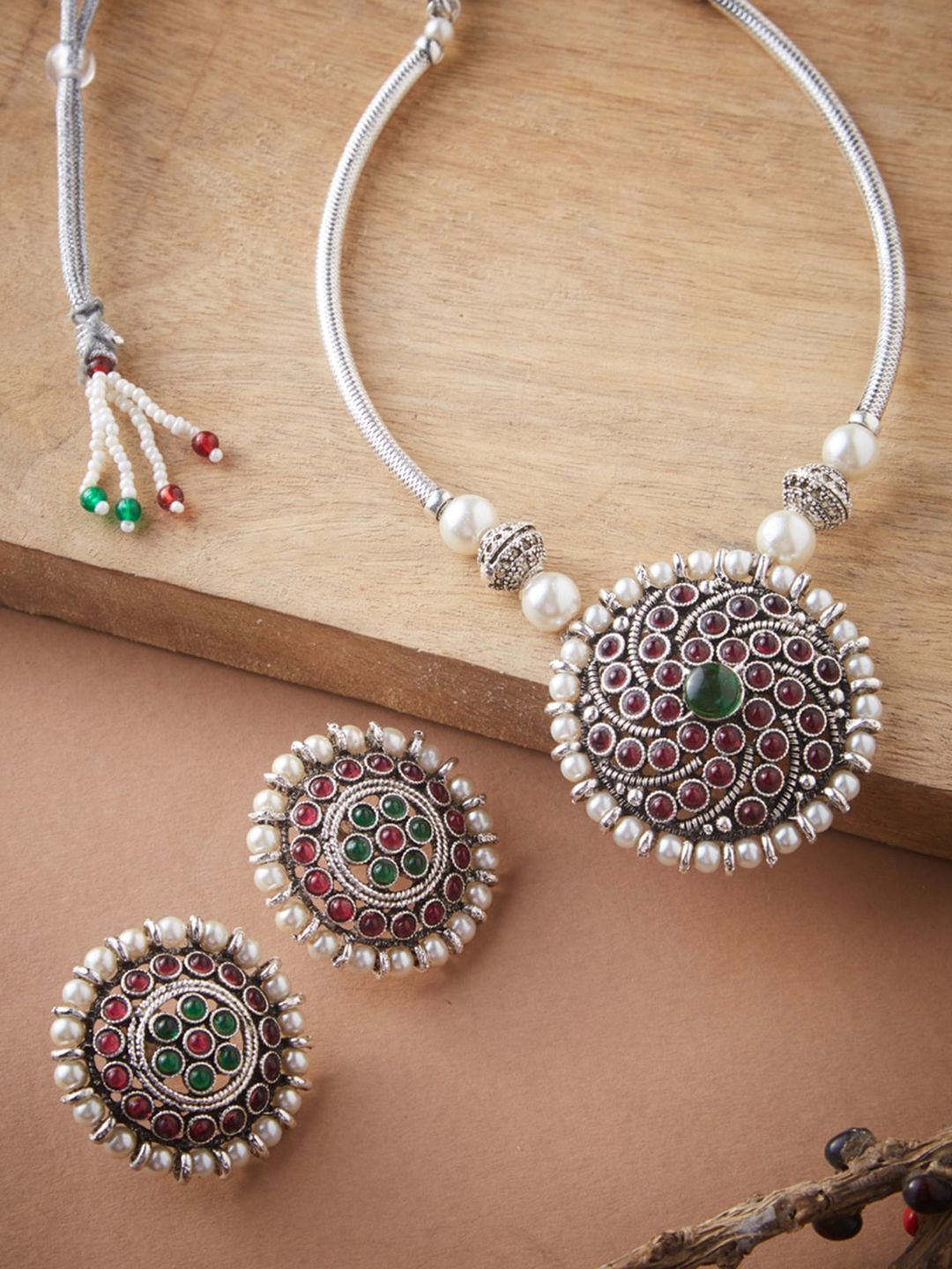 ATIBELLE Silver-Plated Oxidized Stone-Studded Jewellery Set