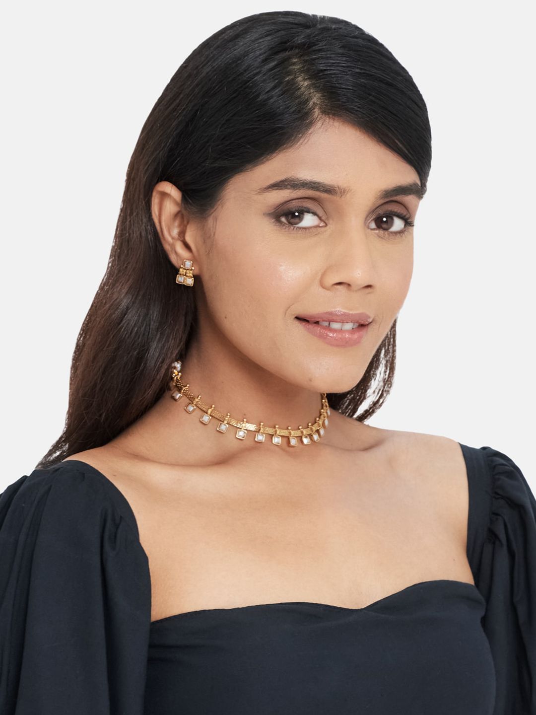 ATIBELLE Gold-Plated White Stone-Studded Jewellery Set