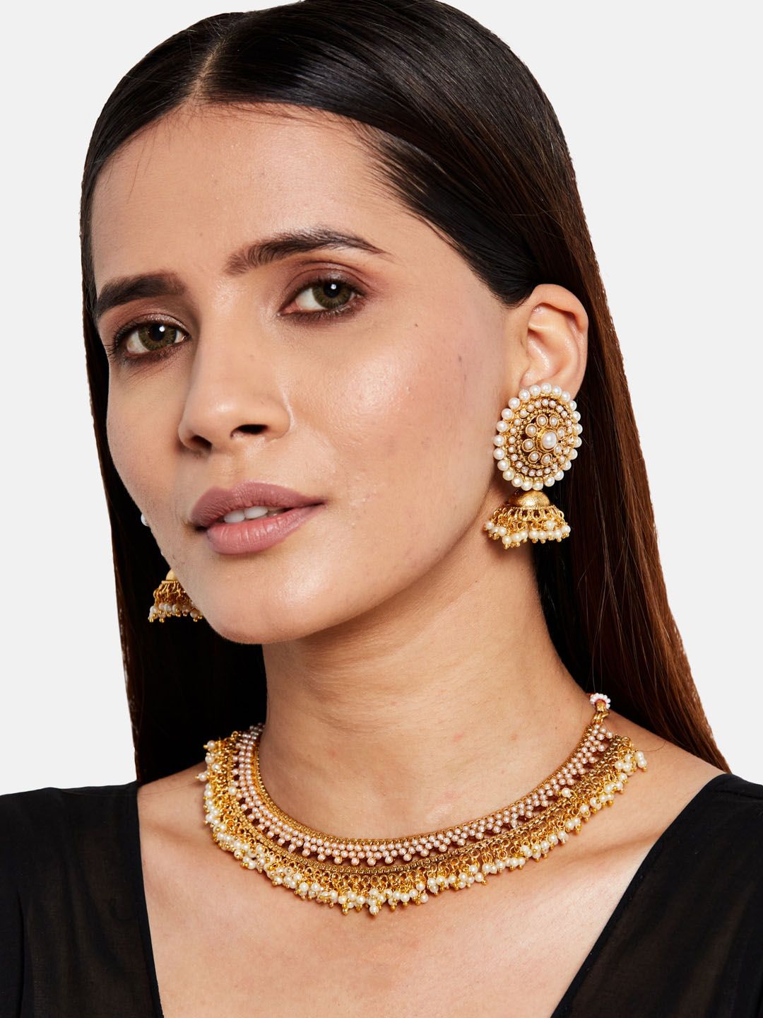 ATIBELLE Gold-Plated Stone Studded & Beaded Jewelry Set