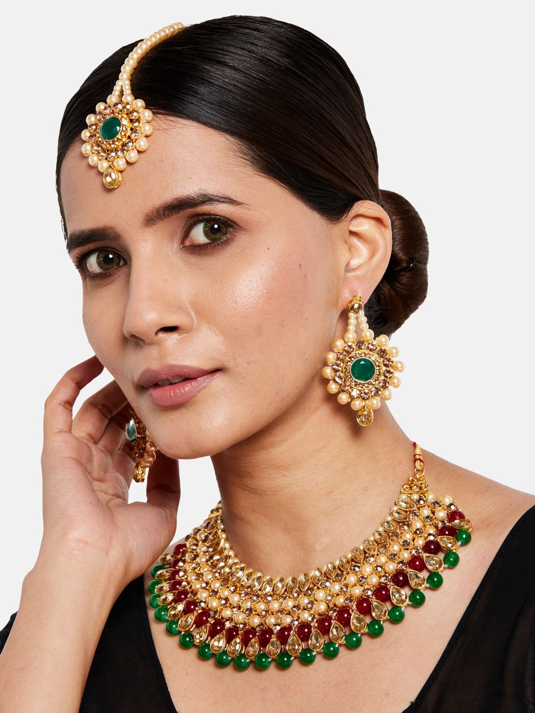ATIBELLE Gold-Plated Maroon & Green Kundan-Studded & Beaded Jewellery Set