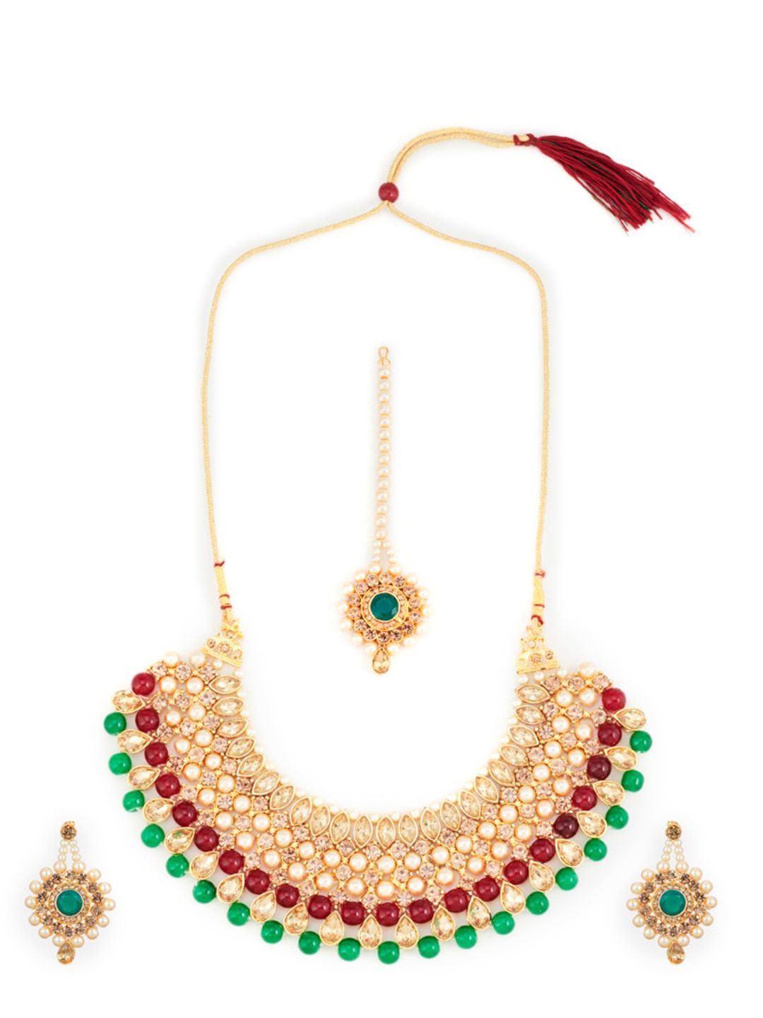 ATIBELLE Gold-Plated Maroon & Green Kundan-Studded & Beaded Jewellery Set
