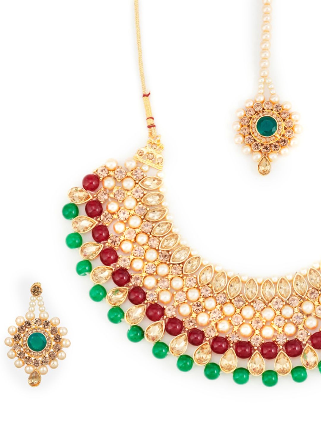 ATIBELLE Gold-Plated Maroon & Green Kundan-Studded & Beaded Jewellery Set