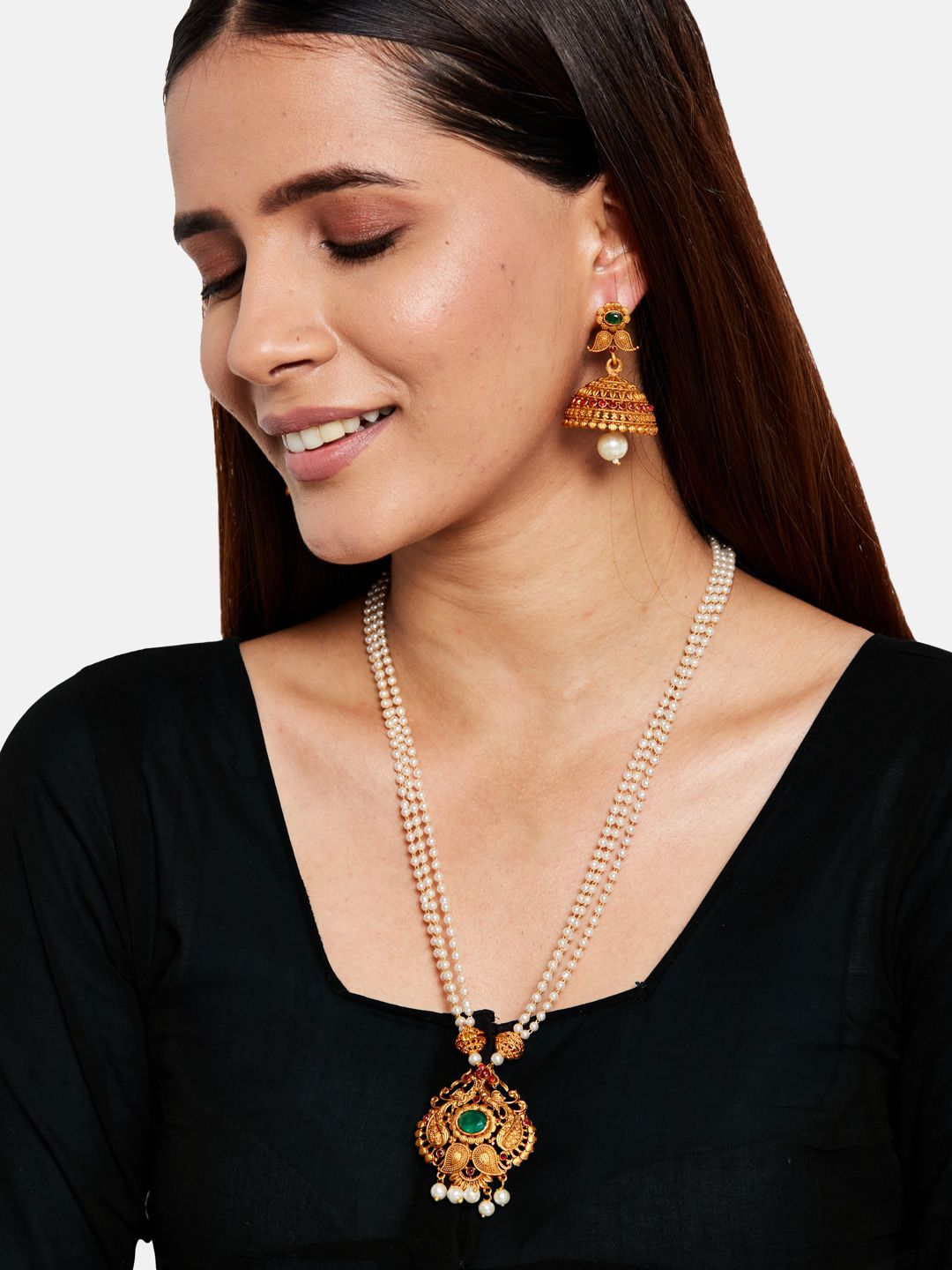 ATIBELLE Green Gold-Plated Stone-Studded Beads Jewellery Set