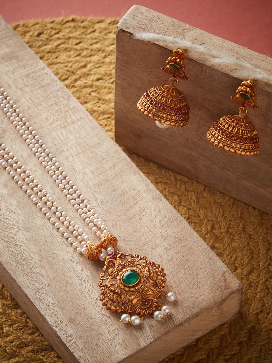 ATIBELLE Green Gold-Plated Stone-Studded Beads Jewellery Set