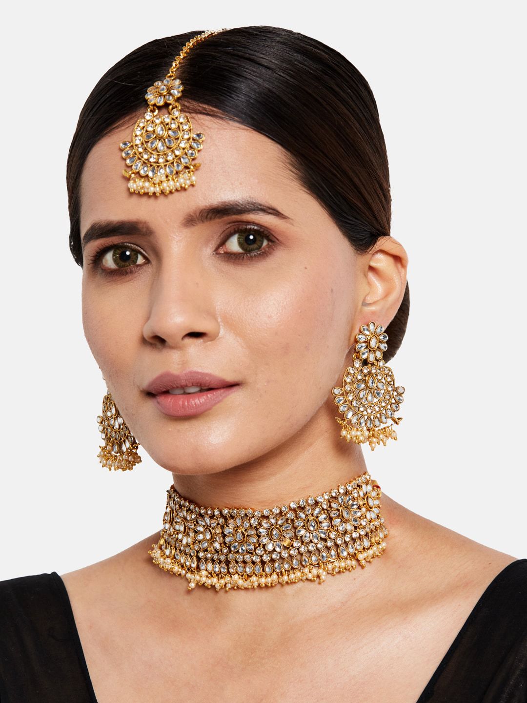 ATIBELLE Gold-Plated White Kundan-Studded & Beaded Jewellery Set