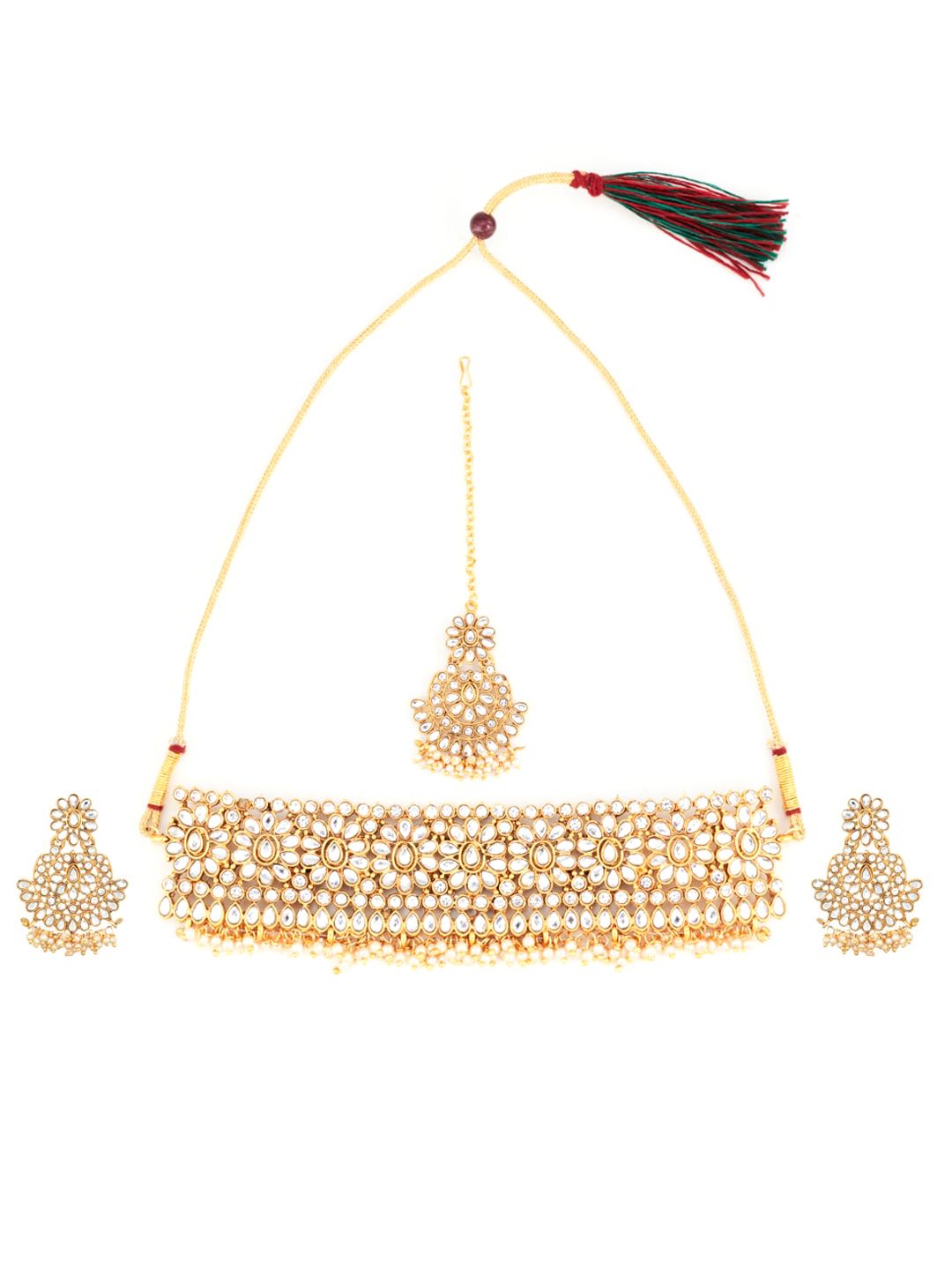 ATIBELLE Gold-Plated White Kundan-Studded & Beaded Jewellery Set