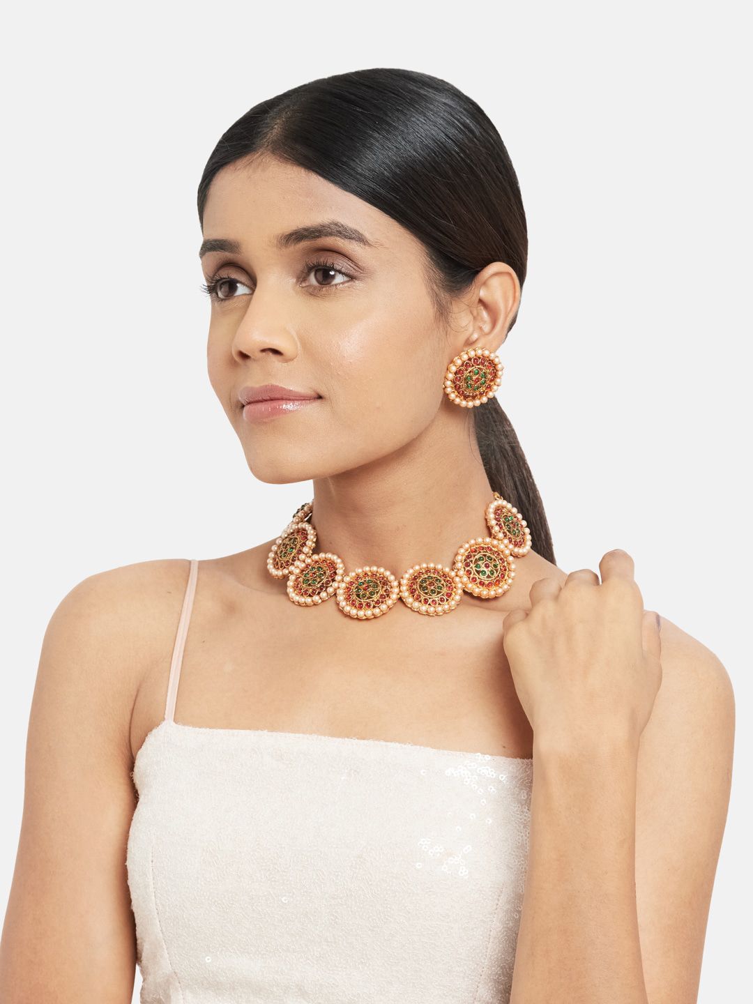 ATIBELLE Gold-Plated Maroon Kundan Stone-Studded Jewelley Set