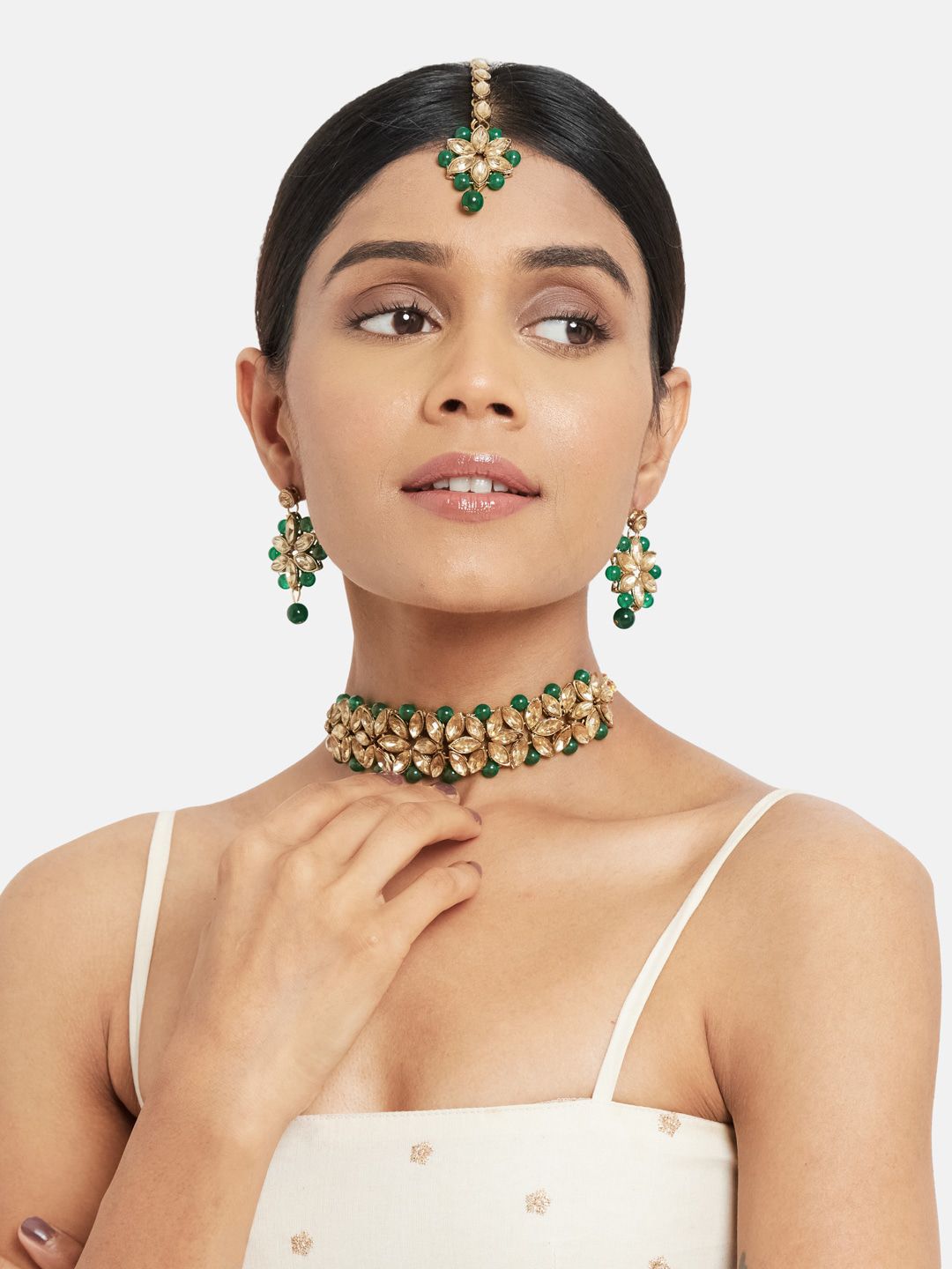 ATIBELLE Gold-Plated & Green Studded Jewellery Set