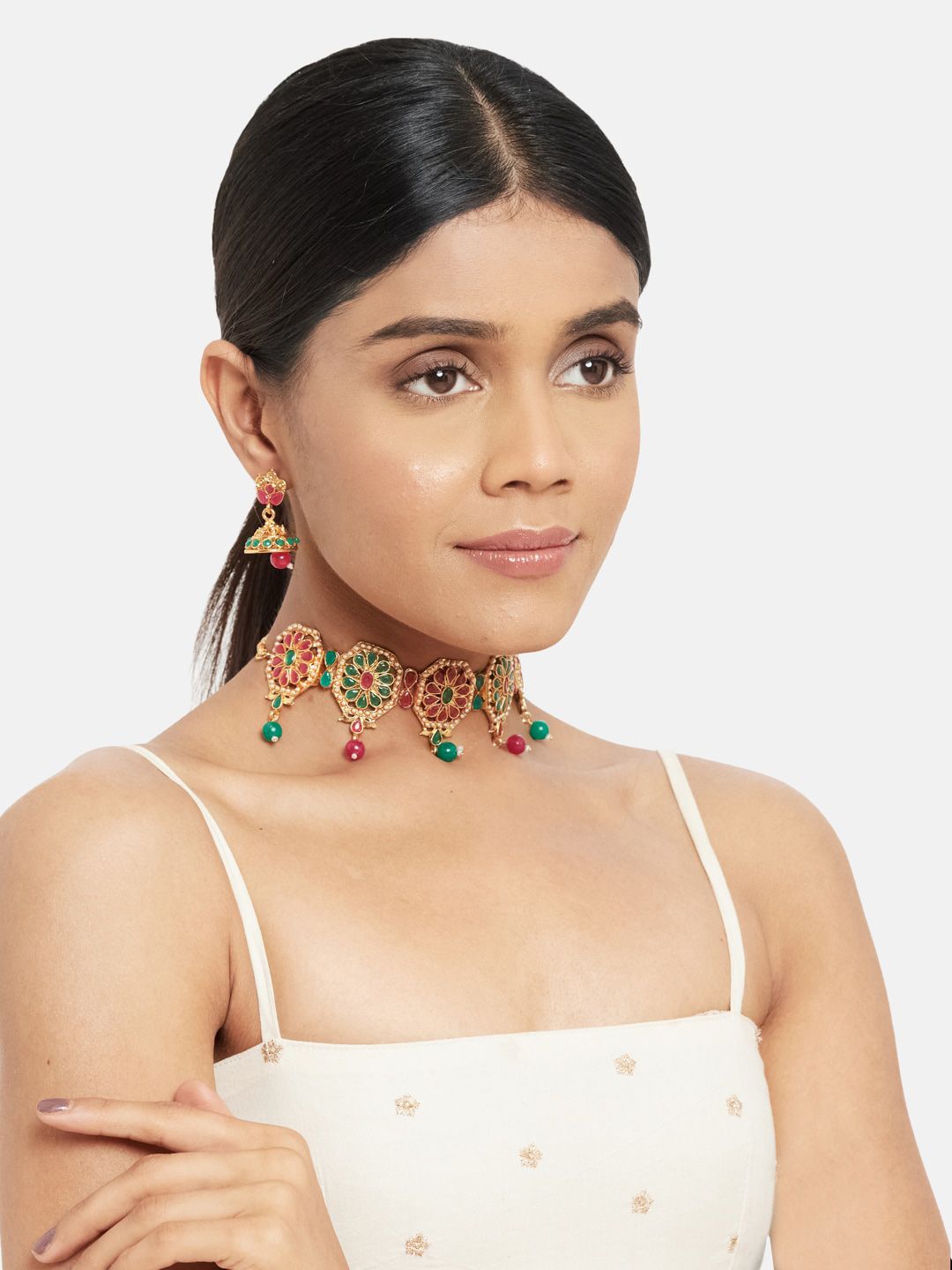 ATIBELLE Woman Gold-Plated Maroon & Green Stone-Studded Jewellery Set