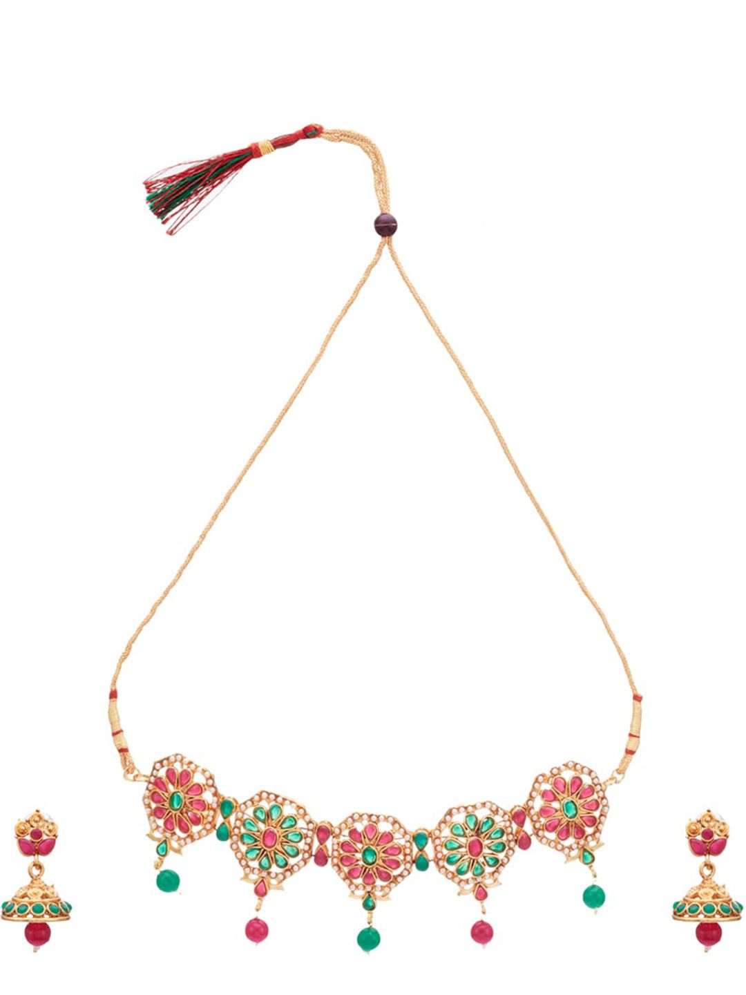 ATIBELLE Woman Gold-Plated Maroon & Green Stone-Studded Jewellery Set