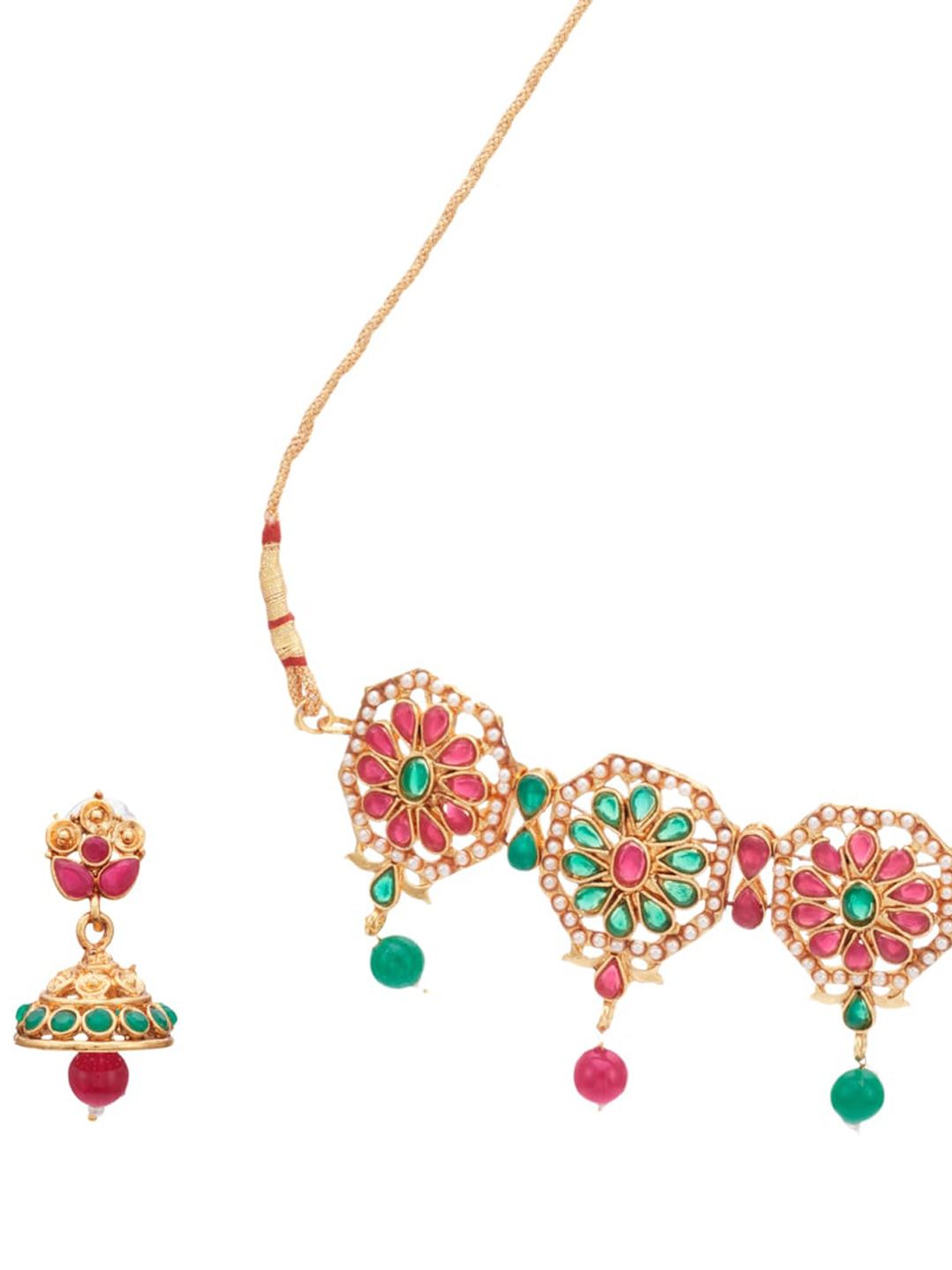 ATIBELLE Woman Gold-Plated Maroon & Green Stone-Studded Jewellery Set