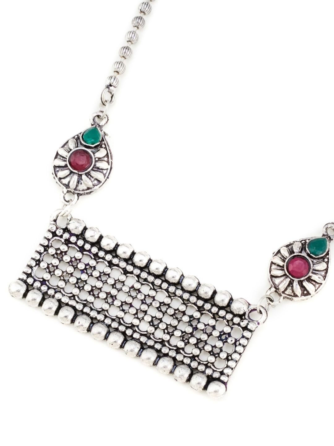 ATIBELLE Oxidised Silver-Plated Red & Green Stone-Studded Long Jewellery Set