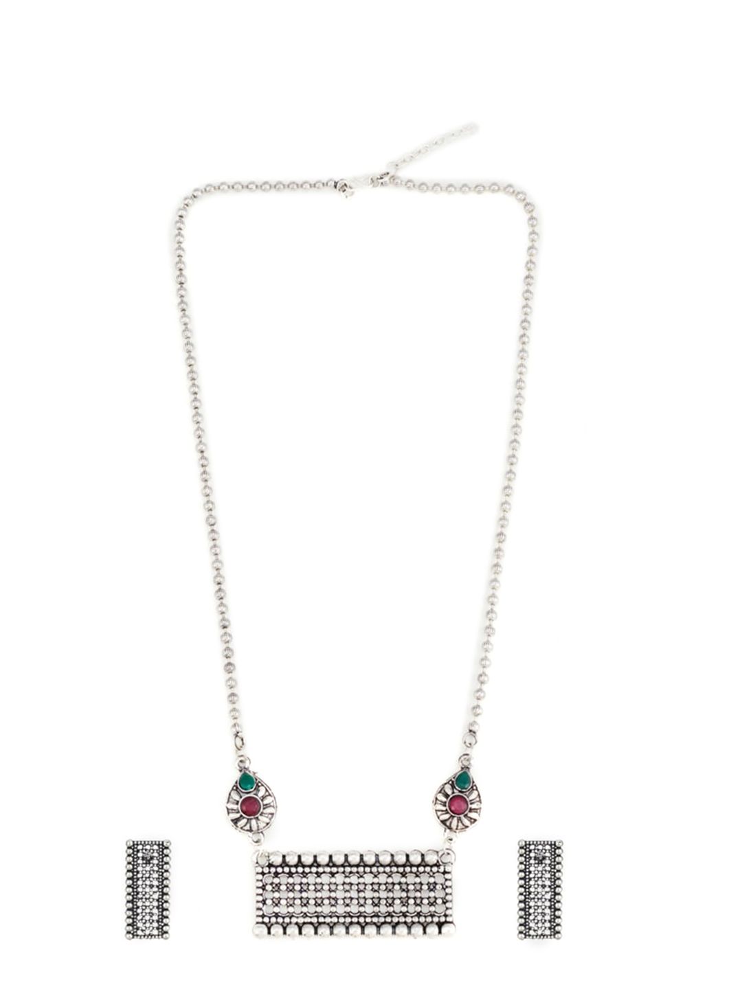ATIBELLE Oxidised Silver-Plated Red & Green Stone-Studded Long Jewellery Set