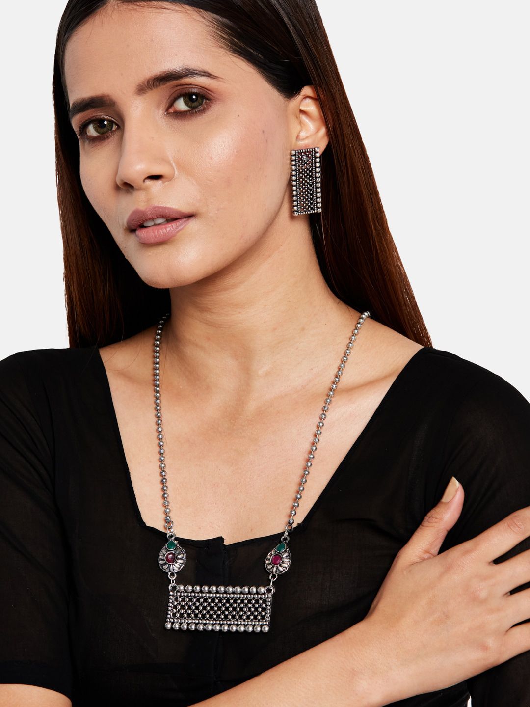 ATIBELLE Oxidised Silver-Plated Red & Green Stone-Studded Long Jewellery Set