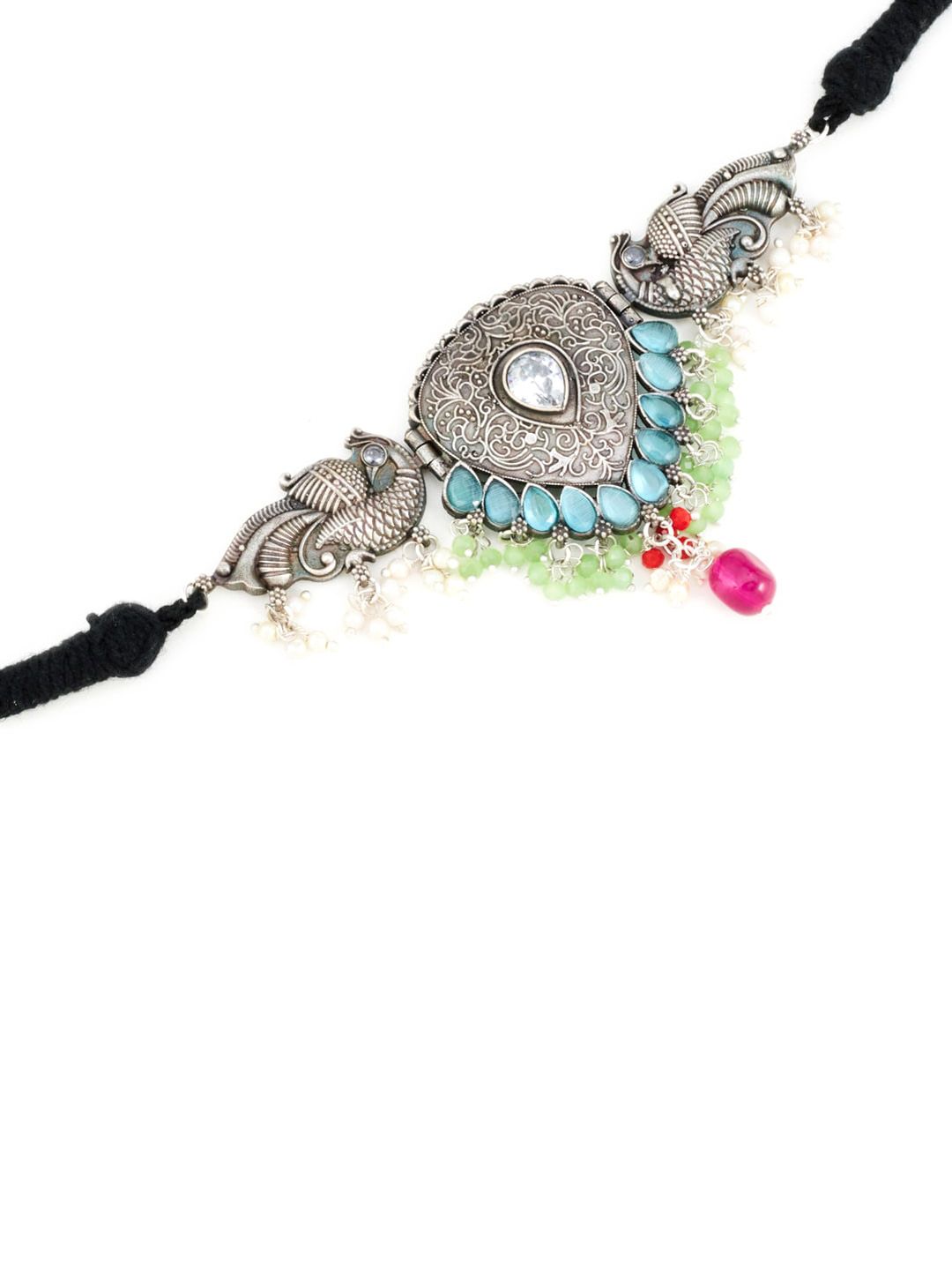 ATIBELLE Multicoloured Silver-Plated Oxidized Stone & Beads Studded Choker Set