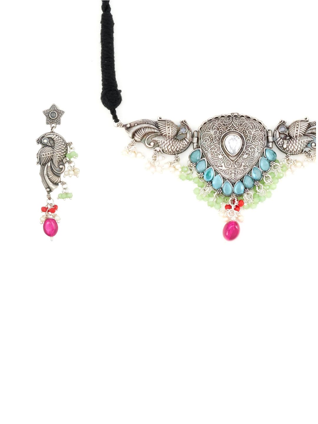 ATIBELLE Multicoloured Silver-Plated Oxidized Stone & Beads Studded Choker Set