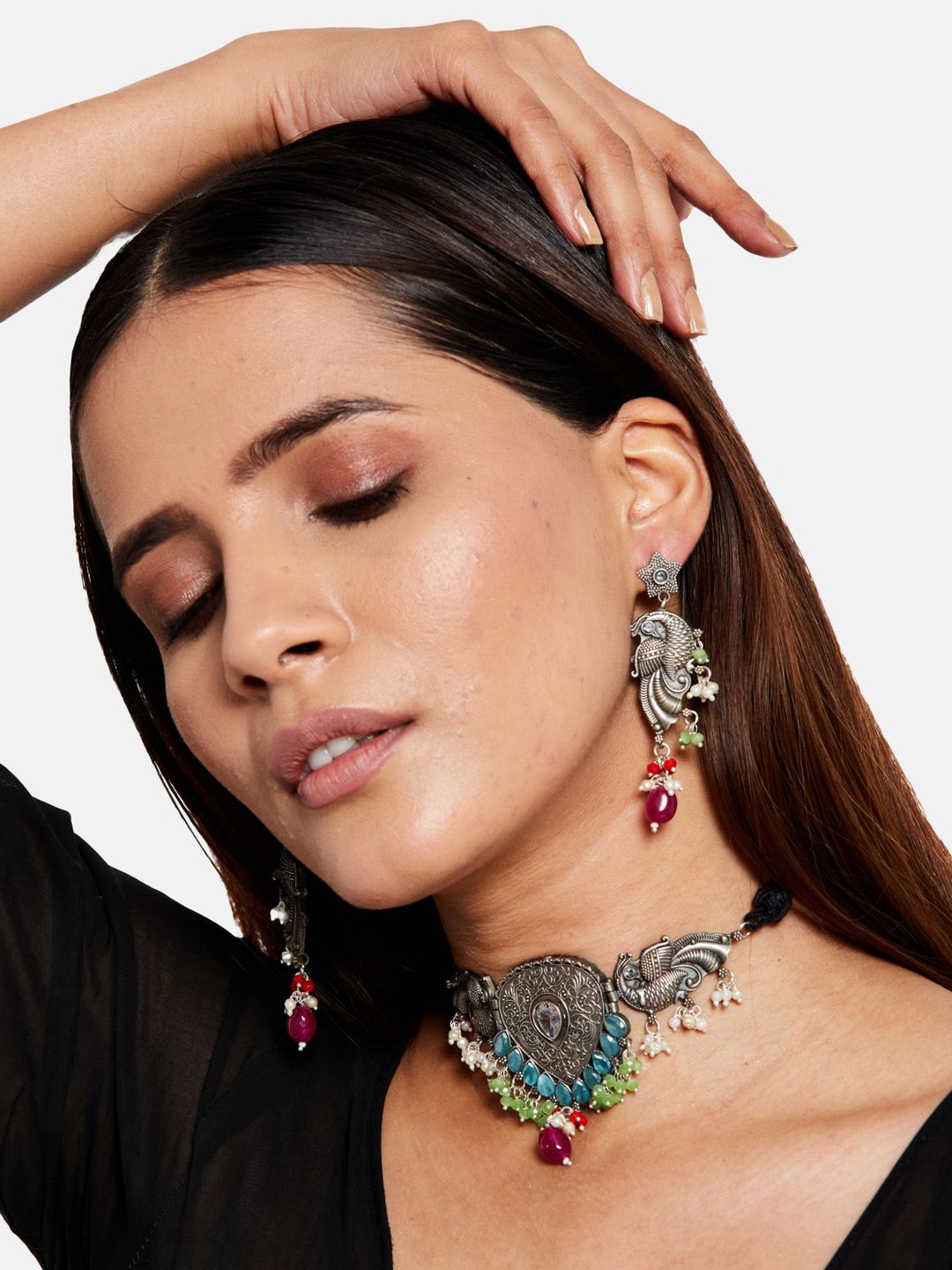 ATIBELLE Multicoloured Silver-Plated Oxidized Stone & Beads Studded Choker Set