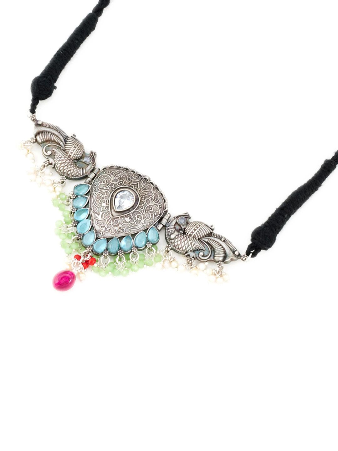 ATIBELLE Multicoloured Silver-Plated Oxidized Stone & Beads Studded Choker Set