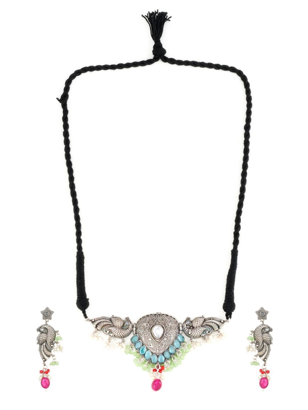 ATIBELLE Multicoloured Silver-Plated Oxidized Stone & Beads Studded Choker Set
