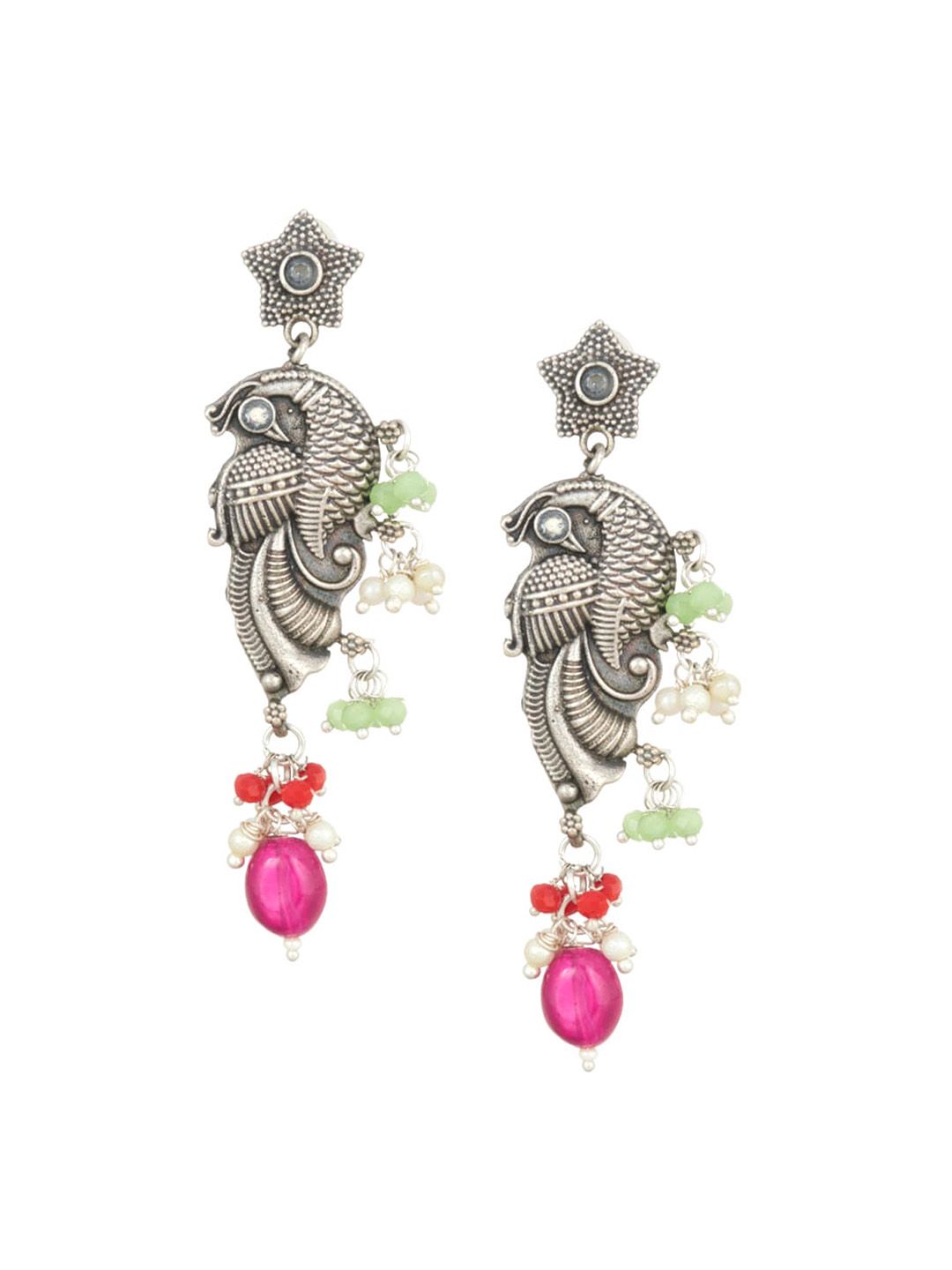 ATIBELLE Multicoloured Silver-Plated Oxidized Stone & Beads Studded Choker Set