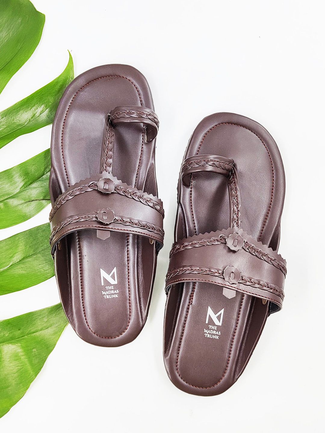 THE MADRAS TRUNK Men Brown Textured T-Strap Flats with Laser Cuts-picture-19