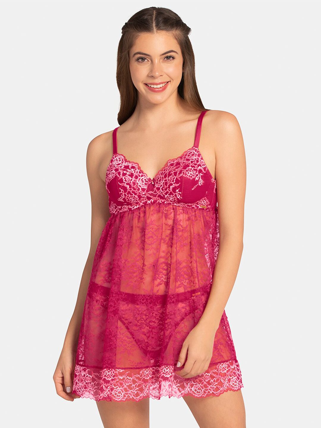 Amante Pink & White Padded Wired Floral Lace Baby Doll-picture-19