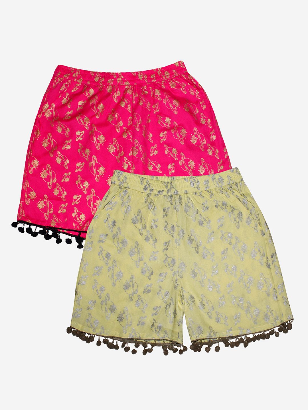KiddoPanti Girls Pack Of 2 Pink & Lime Yellow Floral Printed Shorts-picture-34