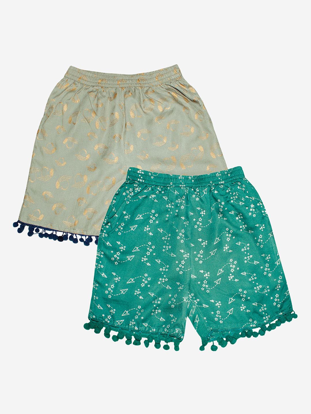 KiddoPanti Girls Pack of 2 Grey & Green Printed Shorts-picture-33