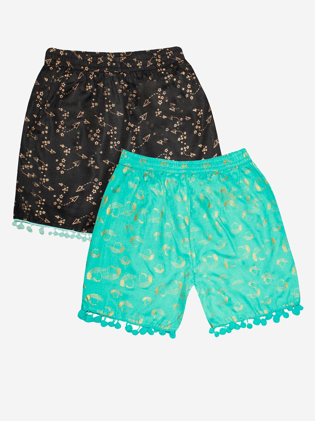 KiddoPanti Girls Pack Of 2 Black & Green Conversational Printed Shorts-picture-32
