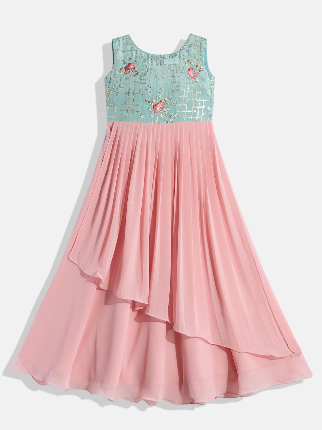 Ethnovog Girls Pink  Blue Made To Measure Floral Embroidered Georgette A-Line Dress-picture-17
