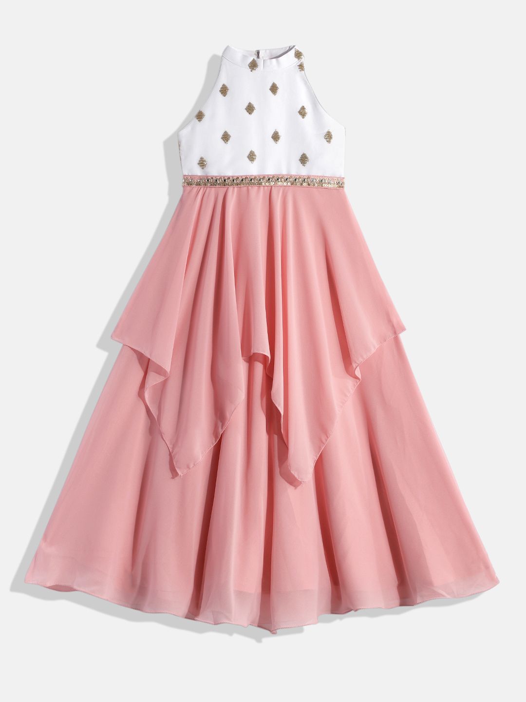 Ethnovog Girls Pink  White Made To Measure Georgette A-Line Maxi Dress-image-6