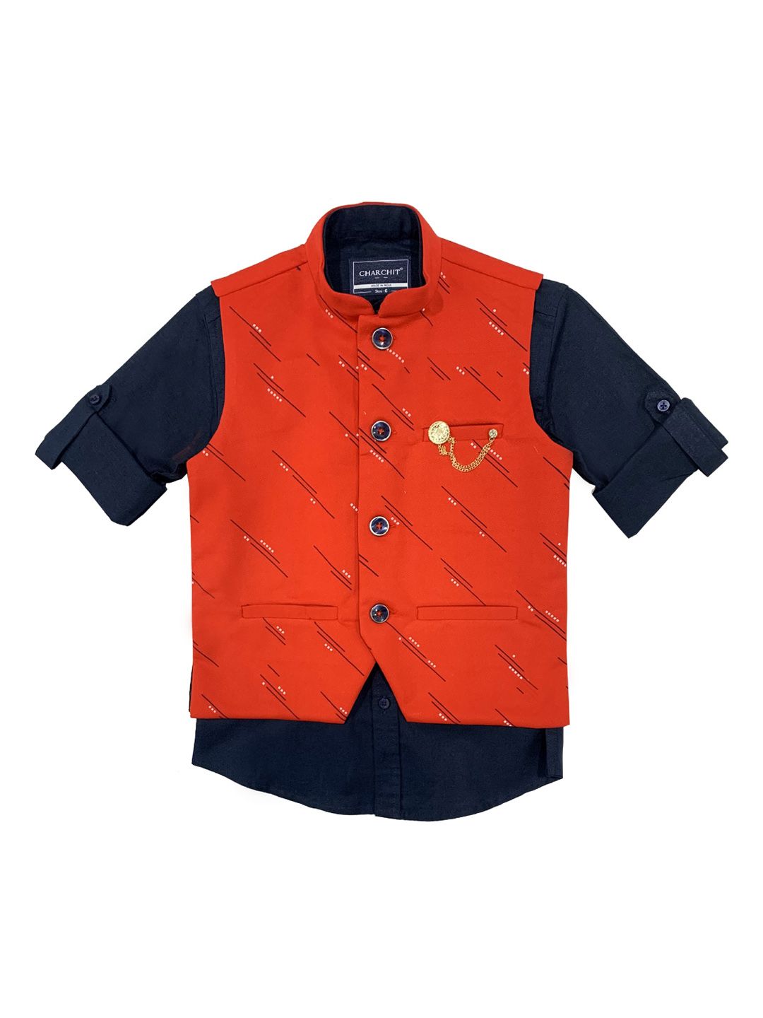 CHARCHIT Boys Red & Navy Blue Printed Nehru Jacket-picture-30