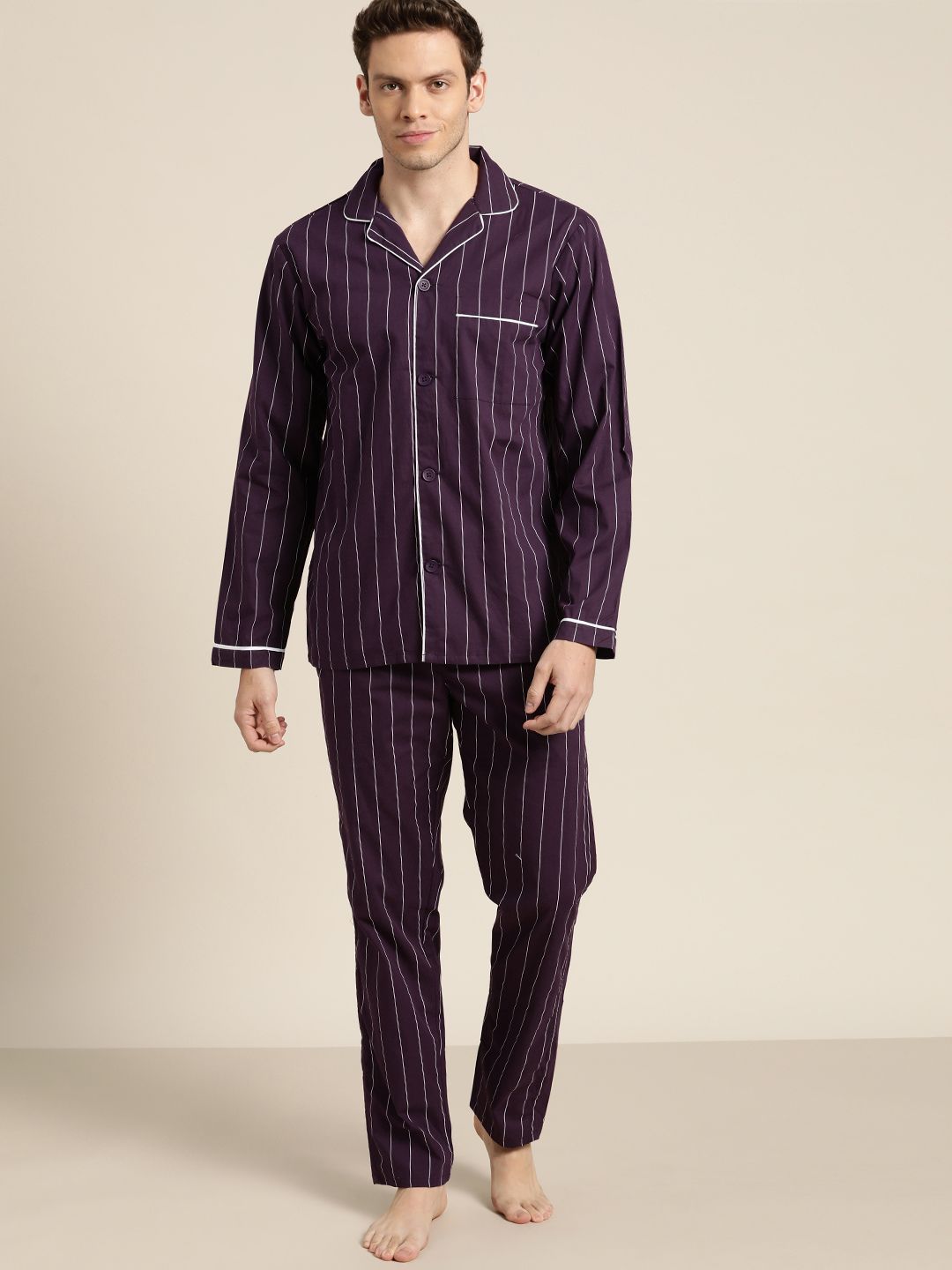 Hancock Men Purple Pure Cotton Striped Pyjama Set-picture-10