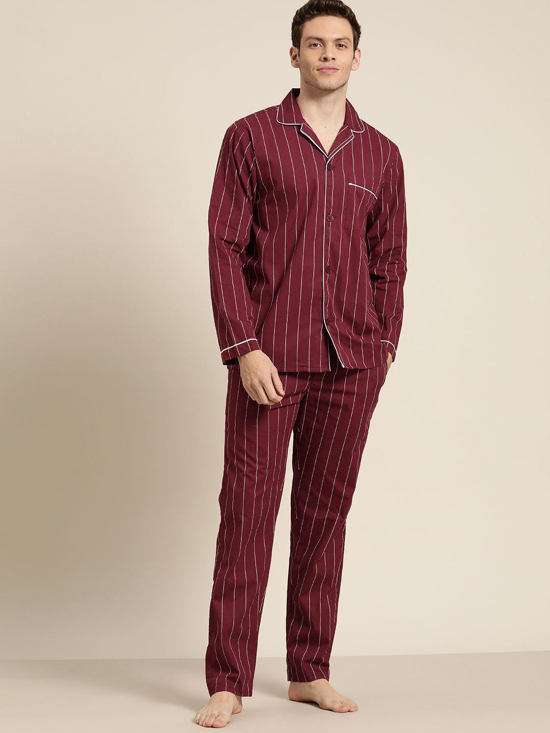Hancock Men Maroon Pure Cotton Striped Pyjama Set-picture-50
