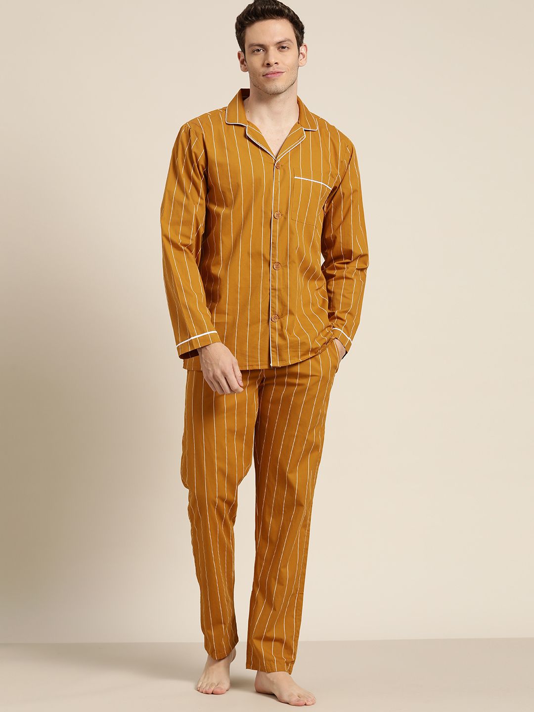 Hancock Men Mustard Yellow Pure Cotton Striped Pyjama Set-picture-16