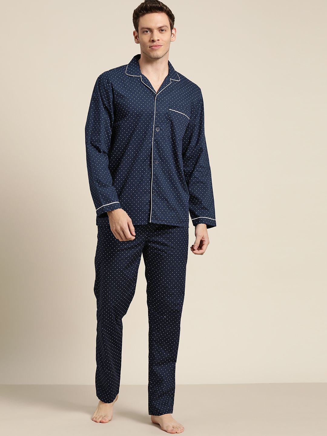 Hancock Men Navy Blue Pure Cotton Printed Pyjama Set-picture-10