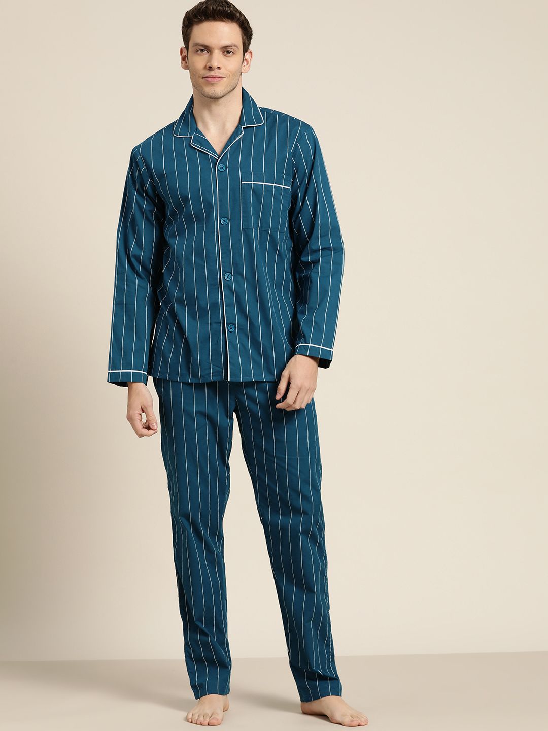 Hancock Men Teal Blue Pure Cotton Striped Pyjama Set-image-31